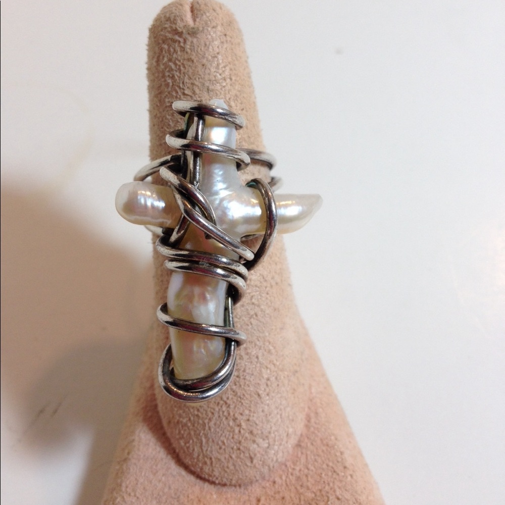 sterling silver wire wrapped pearl ring